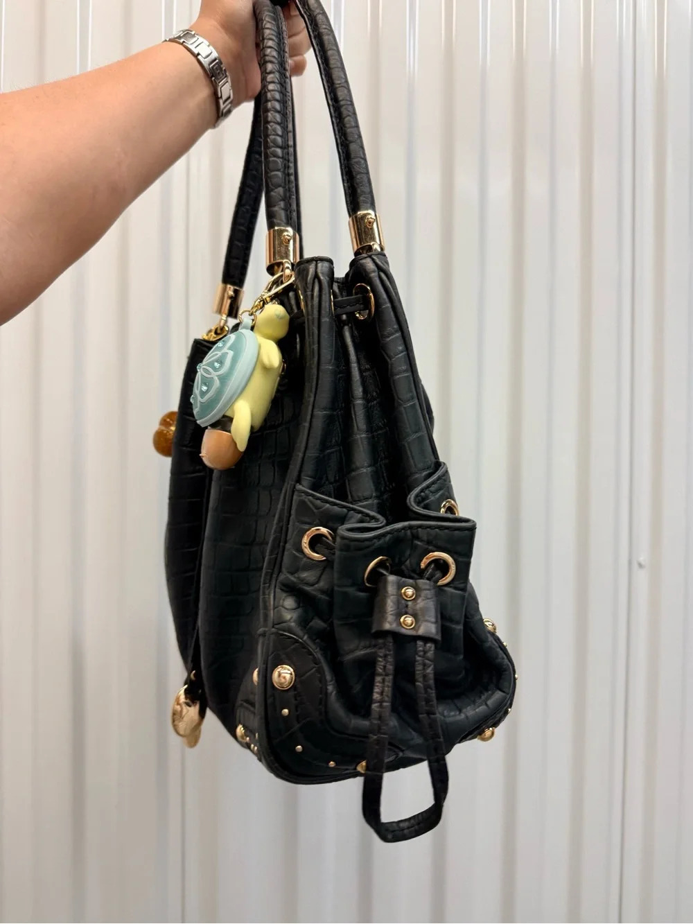 Michael Kors Black Croc-Embossed Drawstring Shoulder Bag with Gold Hardware